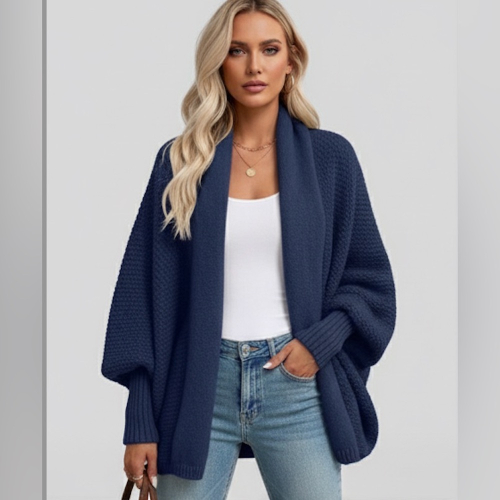 Lantern Sleeve Shawl Collar Cardigan Blue